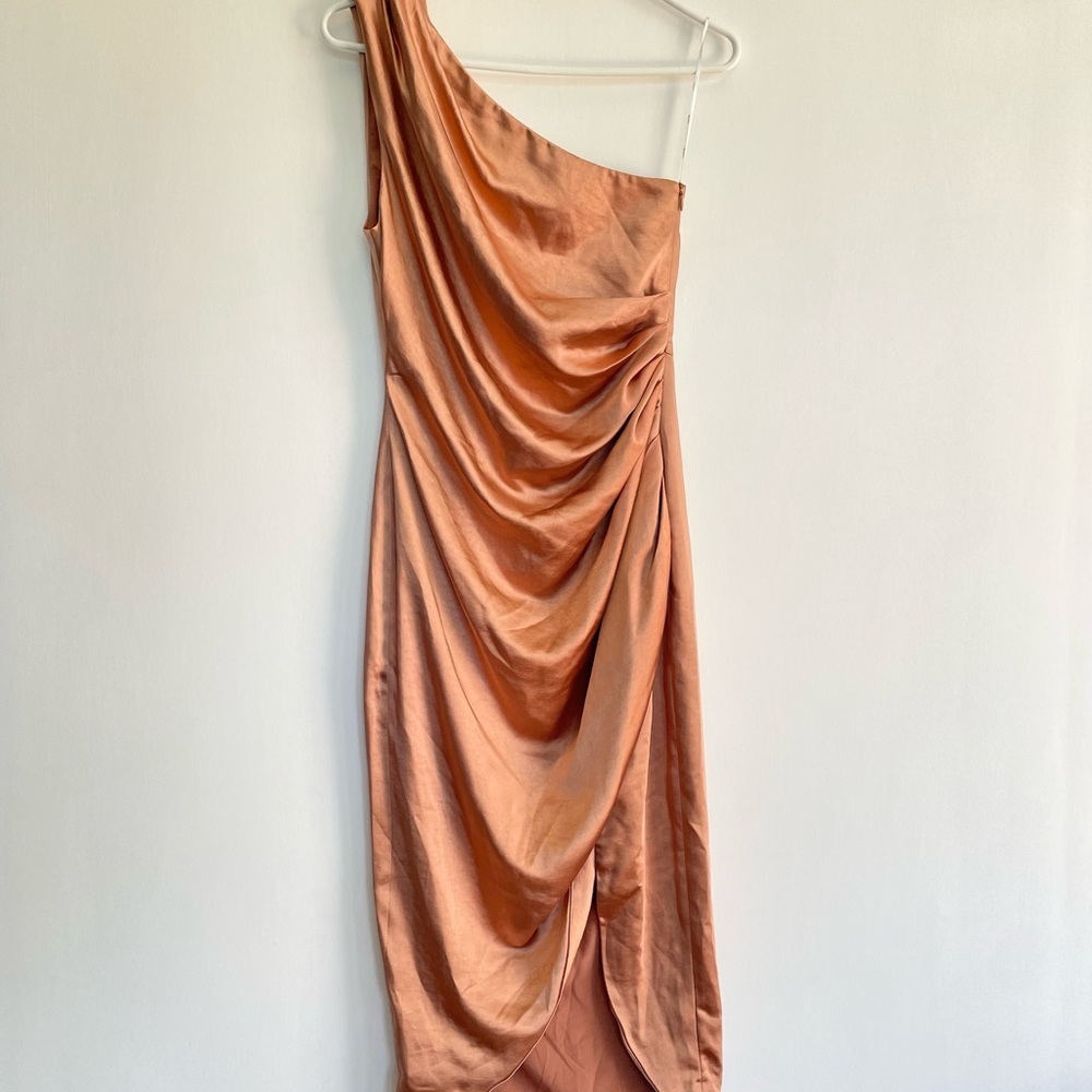 NWT Elliott Cassini Dress Copper Satin One Shoulder Ruched Formal Sleeveless S - Picture 4 of 15